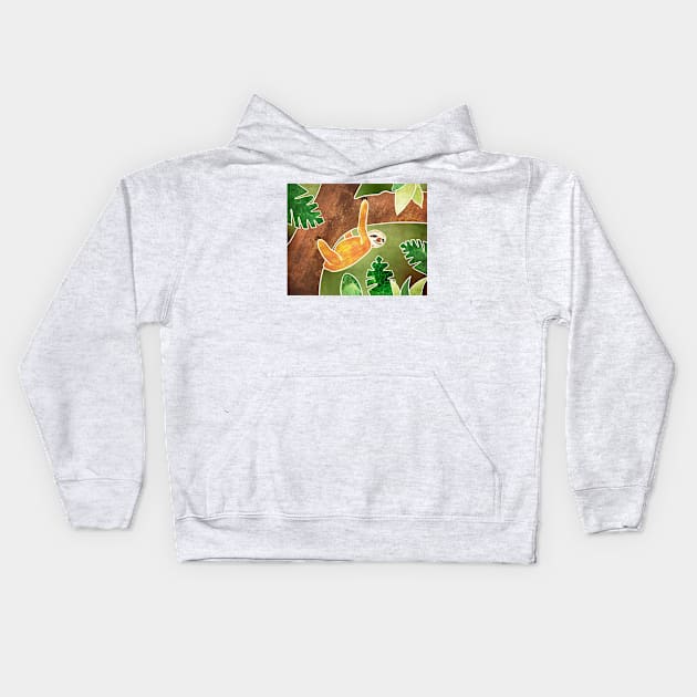 Three-toed Sloth Hanging around in the Jungle. Batik silk painting style. Kids Hoodie by DragonpupLees